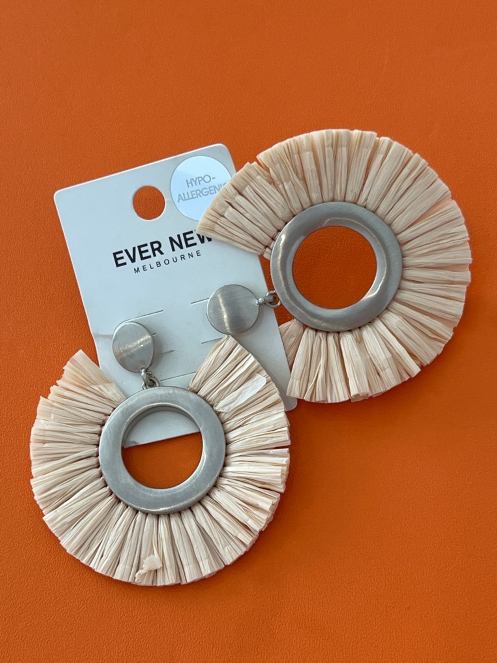 Ever New Cream Raffia Hoop Drop Earrings HYPO-allergenic NEW w tag! GWP